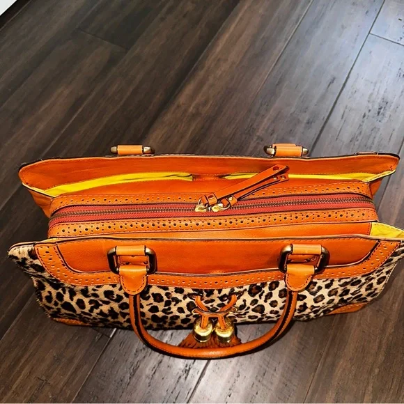 Antonio Melani Y2K Orange Leather Leopard Calf Hair Large Satchel Tote Tassels - Picture 9 of 16